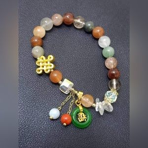 24KStamp Pure Gold Mystique Lucky Charm Natural Mix Gemstone(Jade)Bead Bracelet